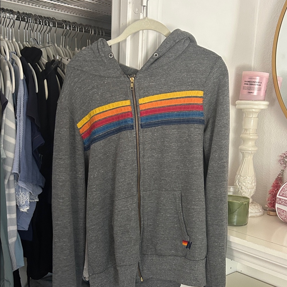 Aviator Nation Gray Hoodie with Colorful Stripes